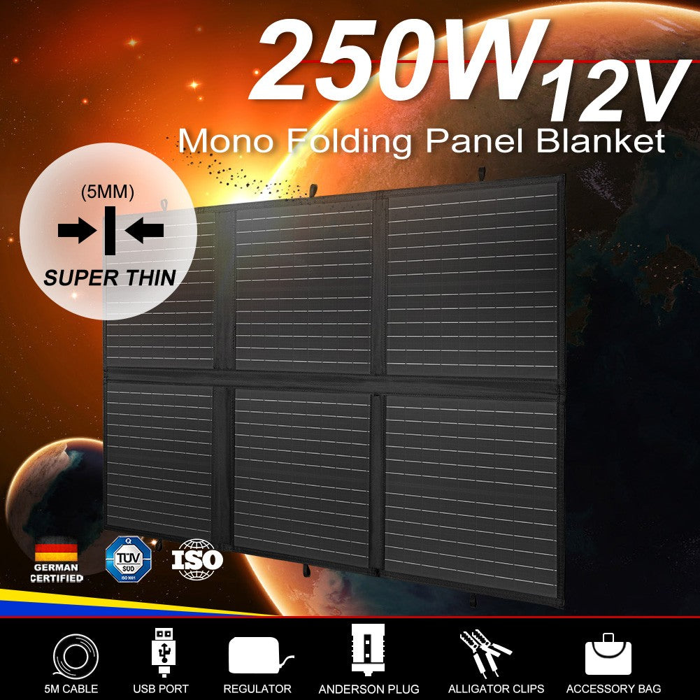 MOBI Solar Blanket 250W Mono 12V Folding Solar Panel Kit 5M Cable Dual USB