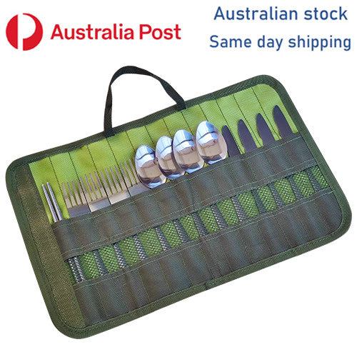 Camping cutlery 13pc set portable fold up carry pack stainless steel outdoor